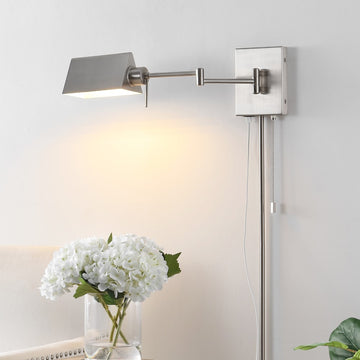 Arlo Farmhouse Industrial Single Swing Arm Plug-In or Hardwired Iron LED Wall Sconce with Pull-Chain - JONATHAN Y